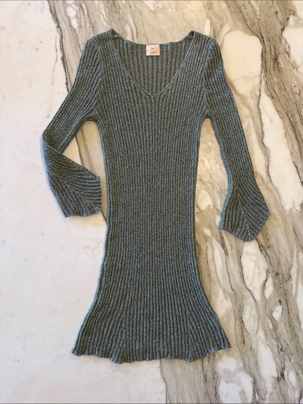 Ribbed Knit V-Neck Sweater Dress with Flared Sleeves - Heathered Sage - S/M